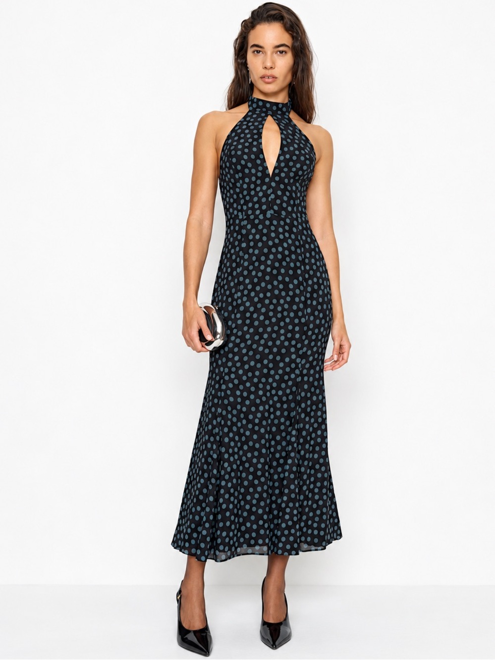 NWT REFORMATION NOELE Navy Polka Dot Halter Maxi Dress